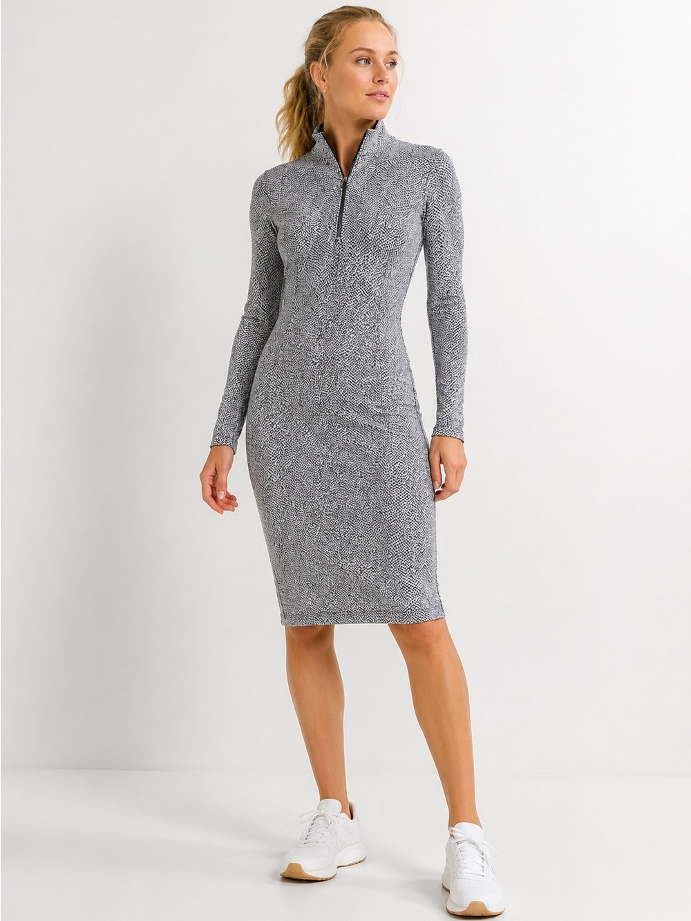 Athleta Delancey Textured Dress M Black White Quarter Zip Sculpting Pockets Y2K